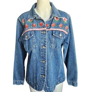 Bill Blass Vintage Denim Long Sleeve Jacket Womens Size M Embroidered Roses‎